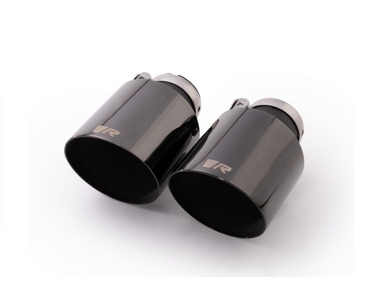 Stainless steel tail pipe set L/R with each 2 tail pipes Ø 102 mm angled, straight cut, black chrome, with adjustable spherical clamp connection