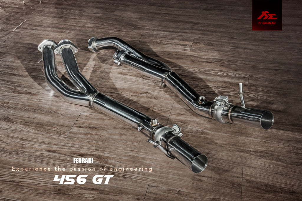 Ferrari 456 GT / M catback exhaust system with valvetronic technology for enhanced performance and sound. High-quality stainless steel construction for durability and style. Upgrade your  Ferrari 456 GT / M with our aftermarket catback exhaust for a thrilling driving experience.