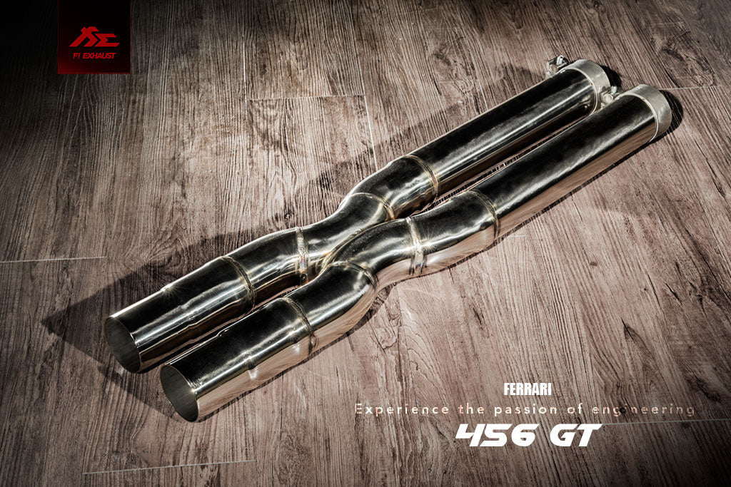 Ferrari 456 GT / M catback exhaust system with valvetronic technology for enhanced performance and sound. High-quality stainless steel construction for durability and style. Upgrade your  Ferrari 456 GT / M with our aftermarket catback exhaust for a thrilling driving experience.