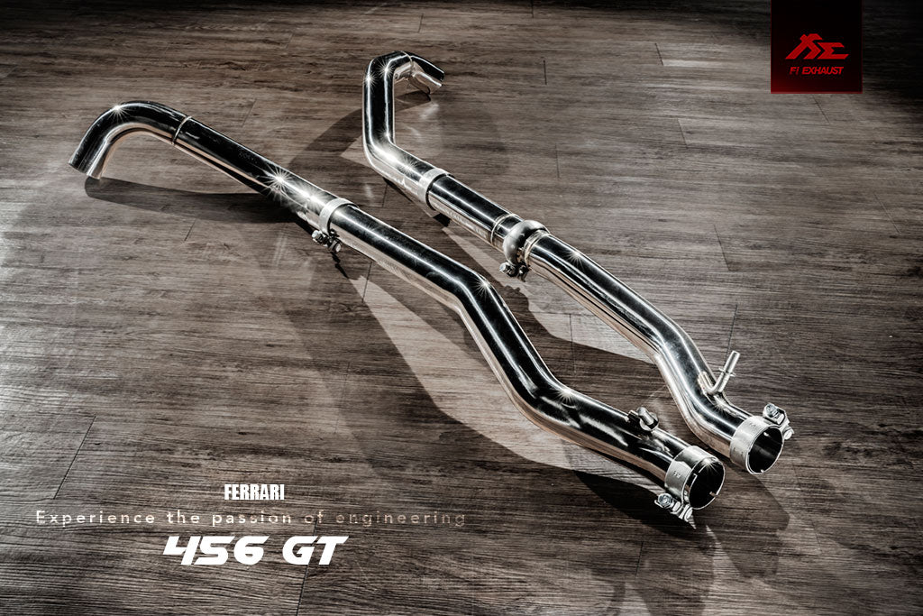 Ferrari 456 GT / M catback exhaust system with valvetronic technology for enhanced performance and sound. High-quality stainless steel construction for durability and style. Upgrade your  Ferrari 456 GT / M with our aftermarket catback exhaust for a thrilling driving experience.