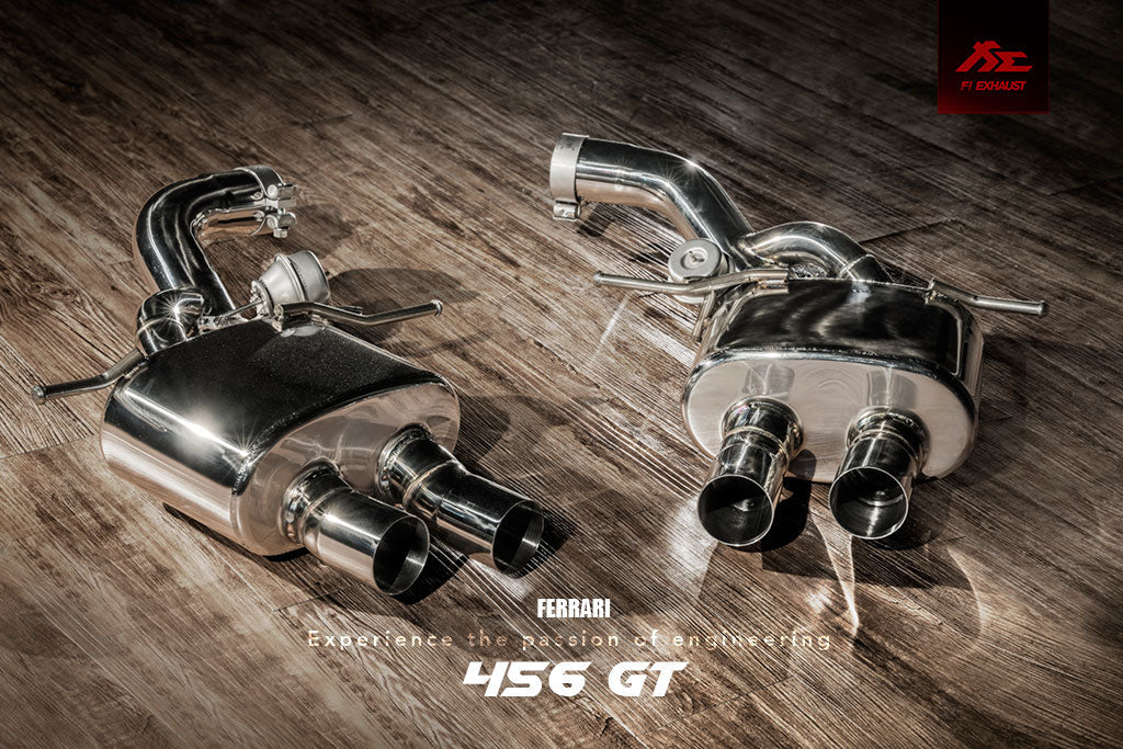 Ferrari 456 GT / M catback exhaust system with valvetronic technology for enhanced performance and sound. High-quality stainless steel construction for durability and style. Upgrade your  Ferrari 456 GT / M with our aftermarket catback exhaust for a thrilling driving experience.