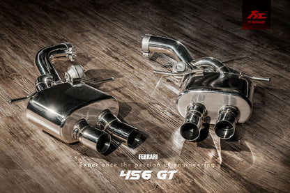 Ferrari 456 GT / M catback exhaust system with valvetronic technology for enhanced performance and sound. High-quality stainless steel construction for durability and style. Upgrade your  Ferrari 456 GT / M with our aftermarket catback exhaust for a thrilling driving experience.