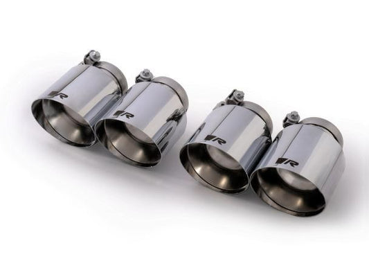 Stainless steel tail pipe set L/R with each 2 tail pipes Ø 102 mm angled, straight cut, chromed, with adjustable spherical clamp connection