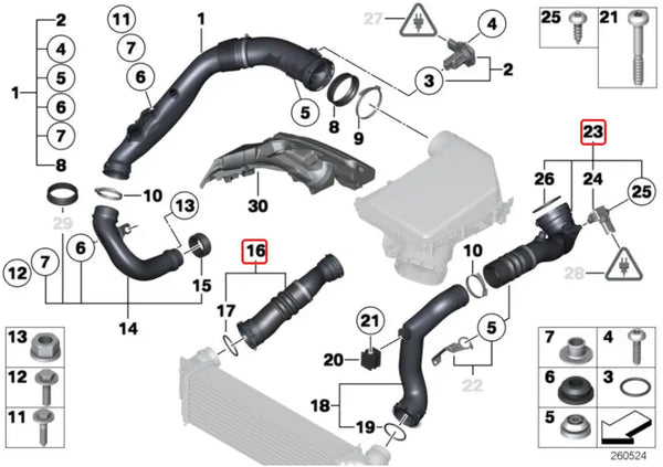 Technical diagram of BMW N55 air intake system for F15 and F16 models.