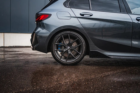 Dark gray Mercedes-Benz A-Class on Masata lowering springs with black wheels