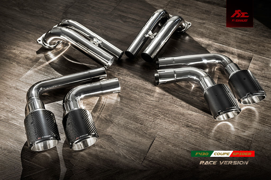 Ferrari F430 Coupe / Spider catback exhaust system with valvetronic technology for enhanced performance and sound. High-quality stainless steel construction for durability and style. Upgrade your  Ferrari F430 Coupe / Spider with our aftermarket catback exhaust for a thrilling driving experience.