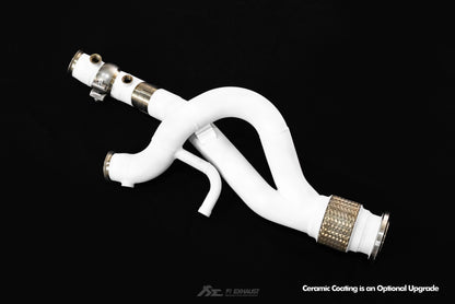 Catless downpipe for Lamborghini Revuelto, featuring advanced heat shielding to significantly reduce heat soak and protect critical engine components from thermal damage.